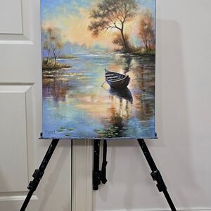 Serene Lake Sunset Canvas Art.  Original Acrylic On Canvas 18x24.